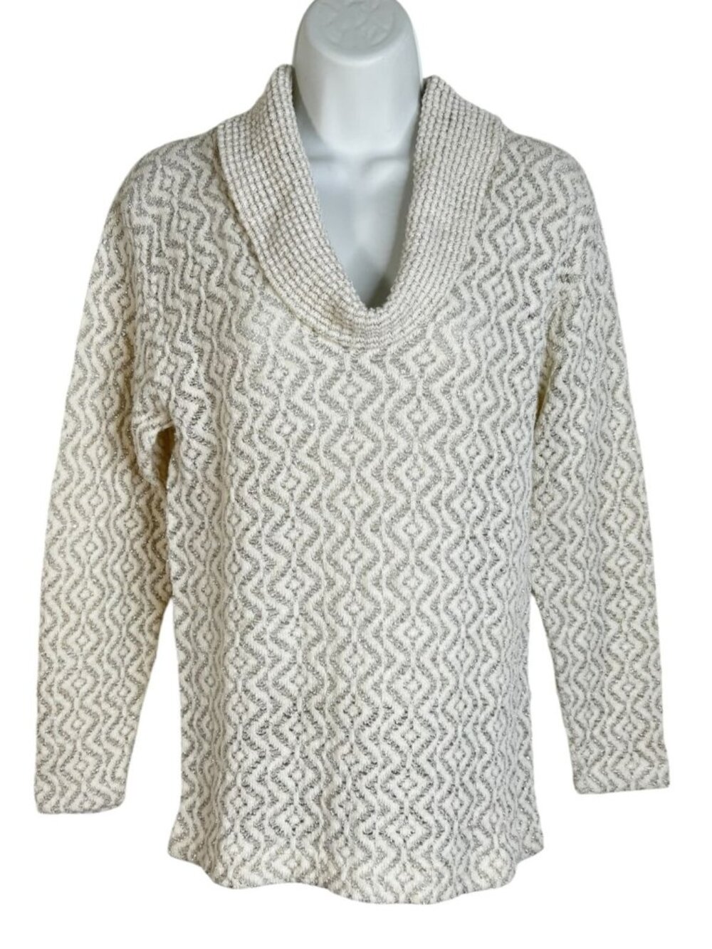 Vintage 60s Metallic Knit Sweater Cowl Neck Pointelle Zig Zag Ivory Silver Small